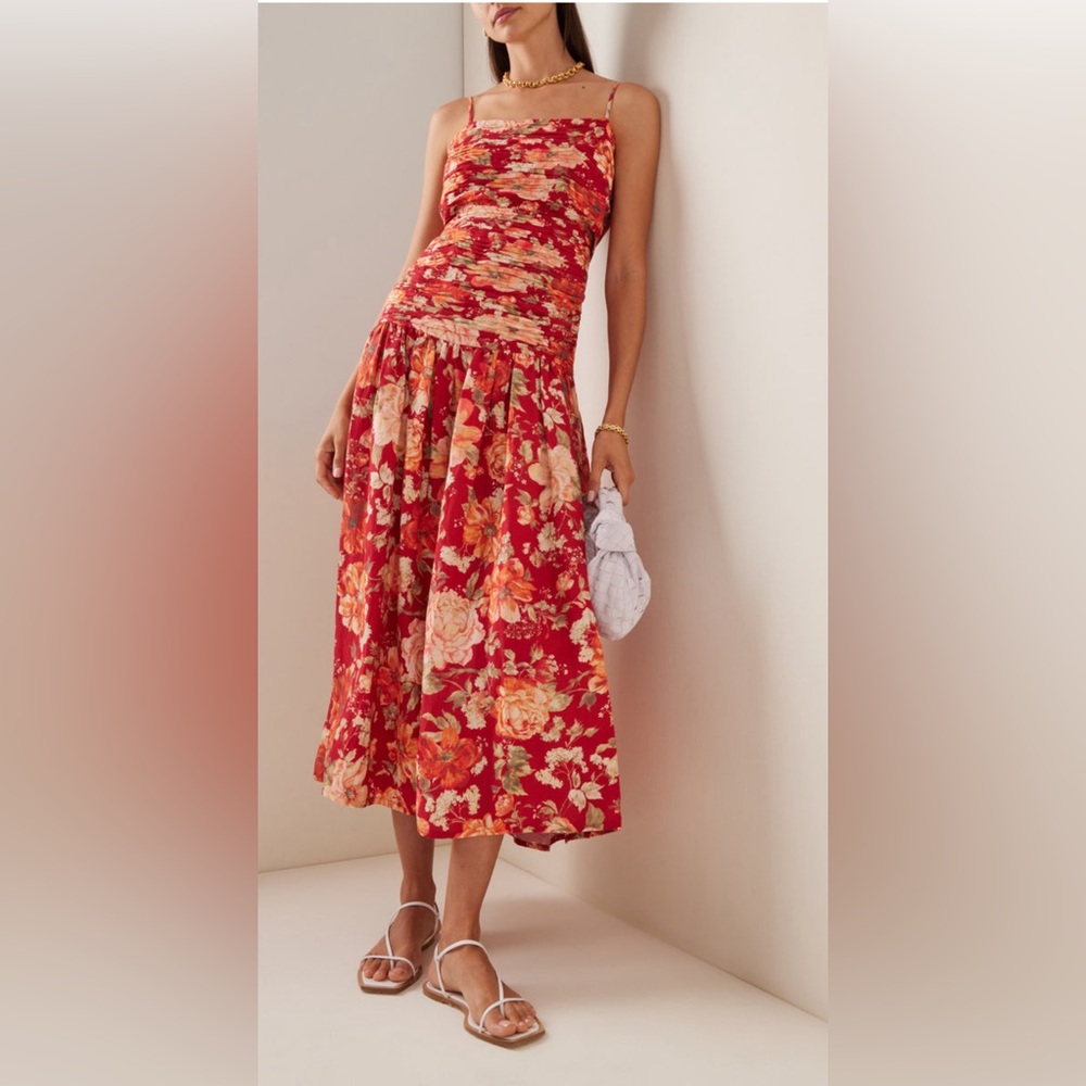 Posse Red Floral Raquel Linen-Blend Midi Dress